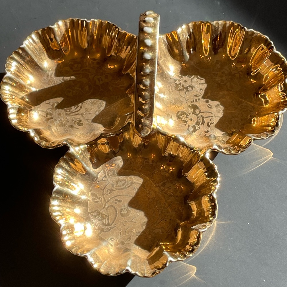 Stouffer Gold Dish 3 Part Handled 24k Gold Encrusted RARE Czechoslovakia.